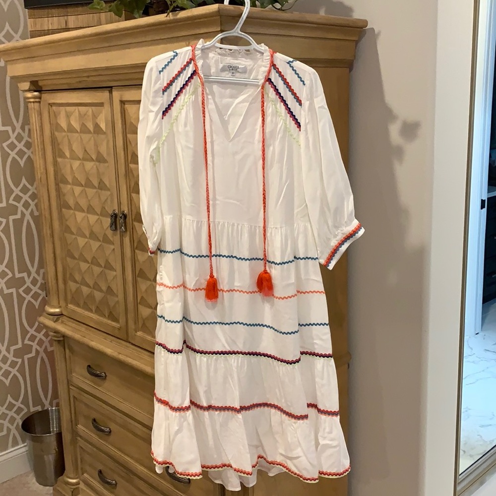 CROSBY | White Striped Boho Midi Dress | S